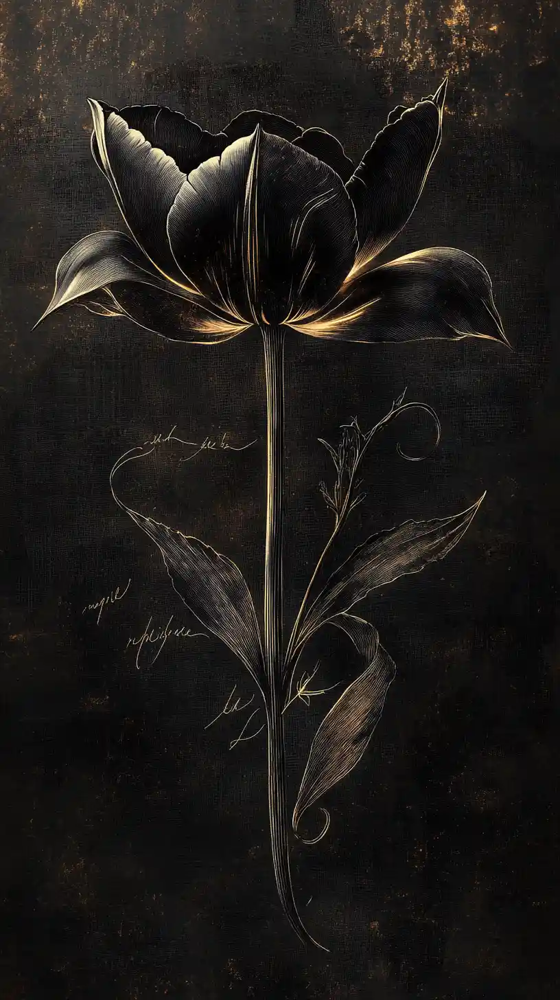Black tulip emerging from darkness with botanical engravings