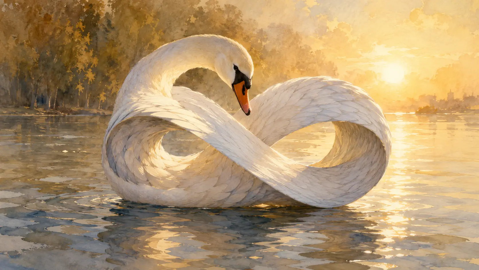 Elegant white swan in warm light watercolor painting