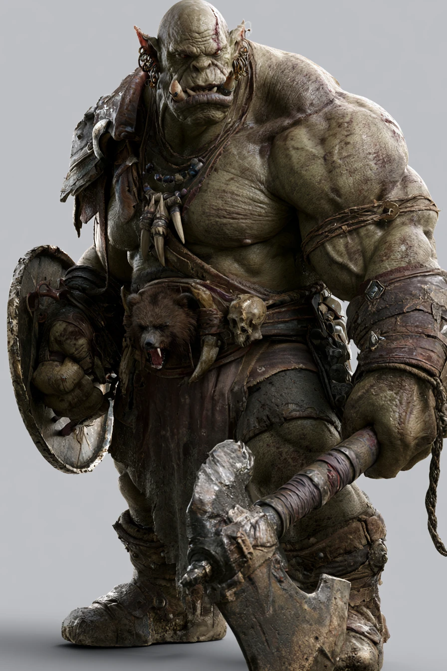 Guerreiro orc extremamente musculoso com machado e escudo