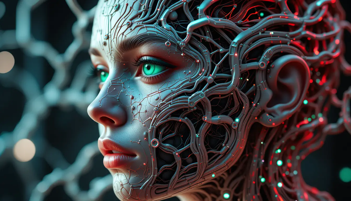 Cybernetic woman fused with abstract neural architecture