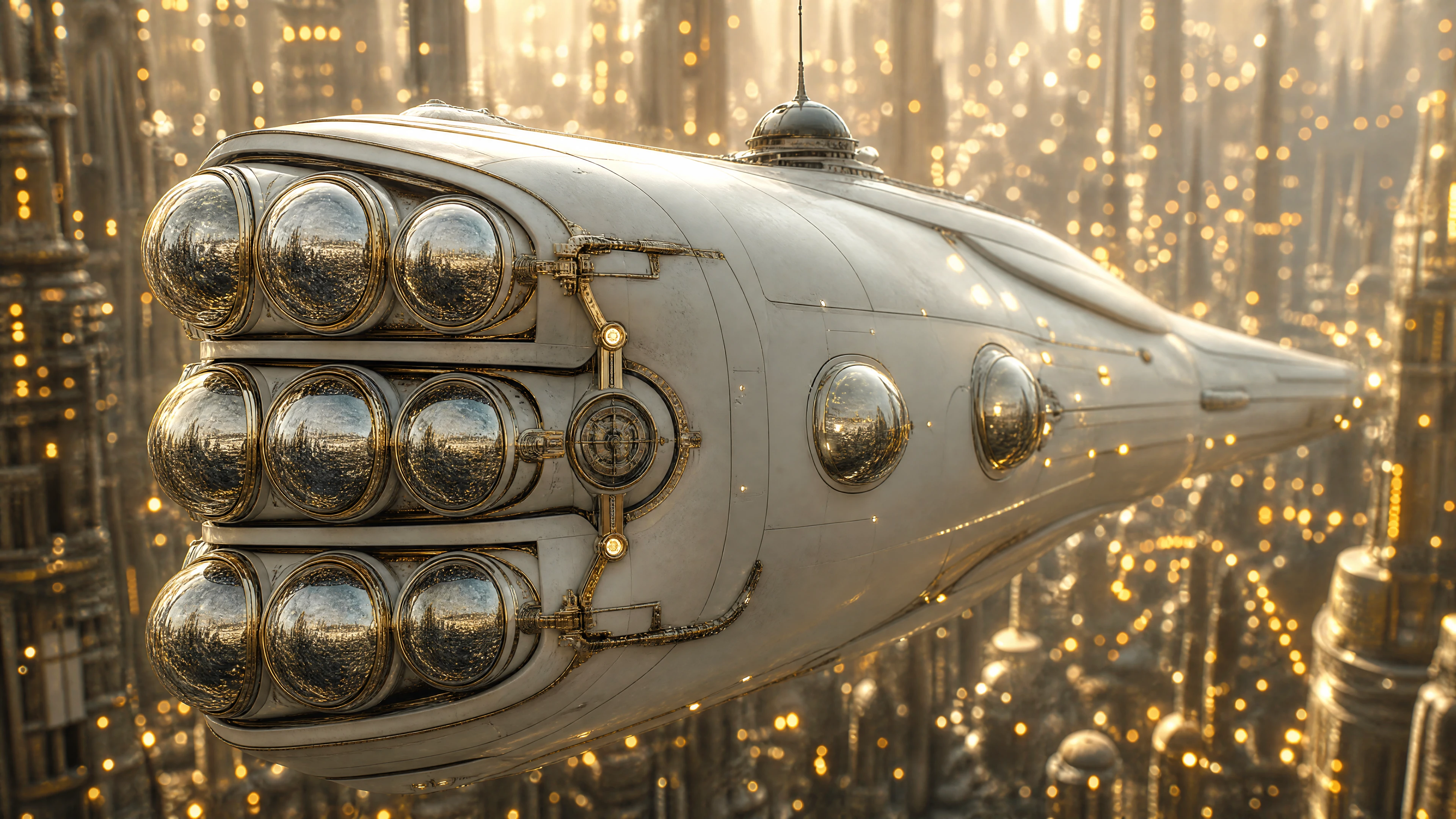 Alien-Kriegsschiff-Bug über goldener futuristischer Turmstadt