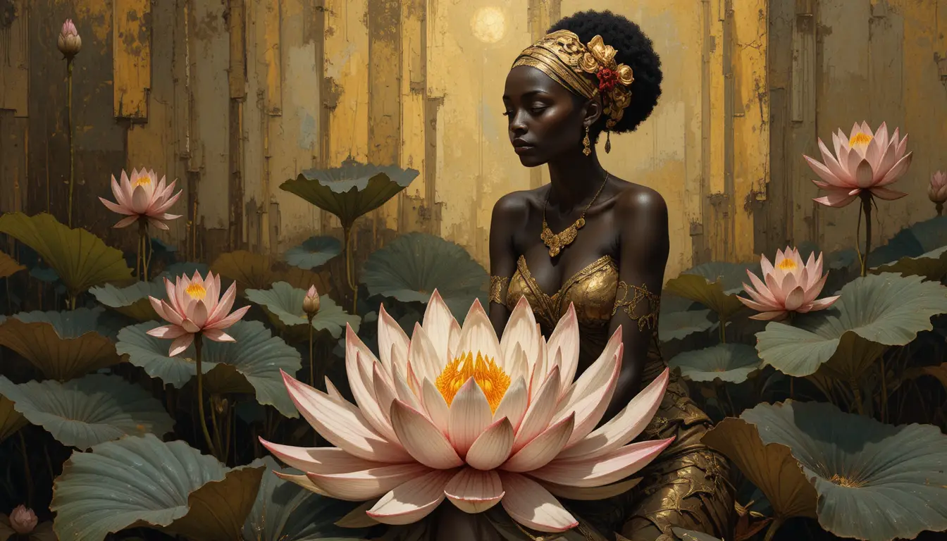 Abstract African woman in lotus pose with blooming flowers