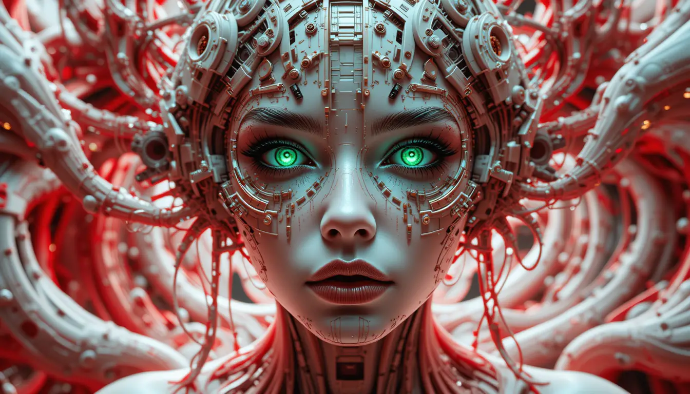 Woman fused with abstract cybernetic temporal currents