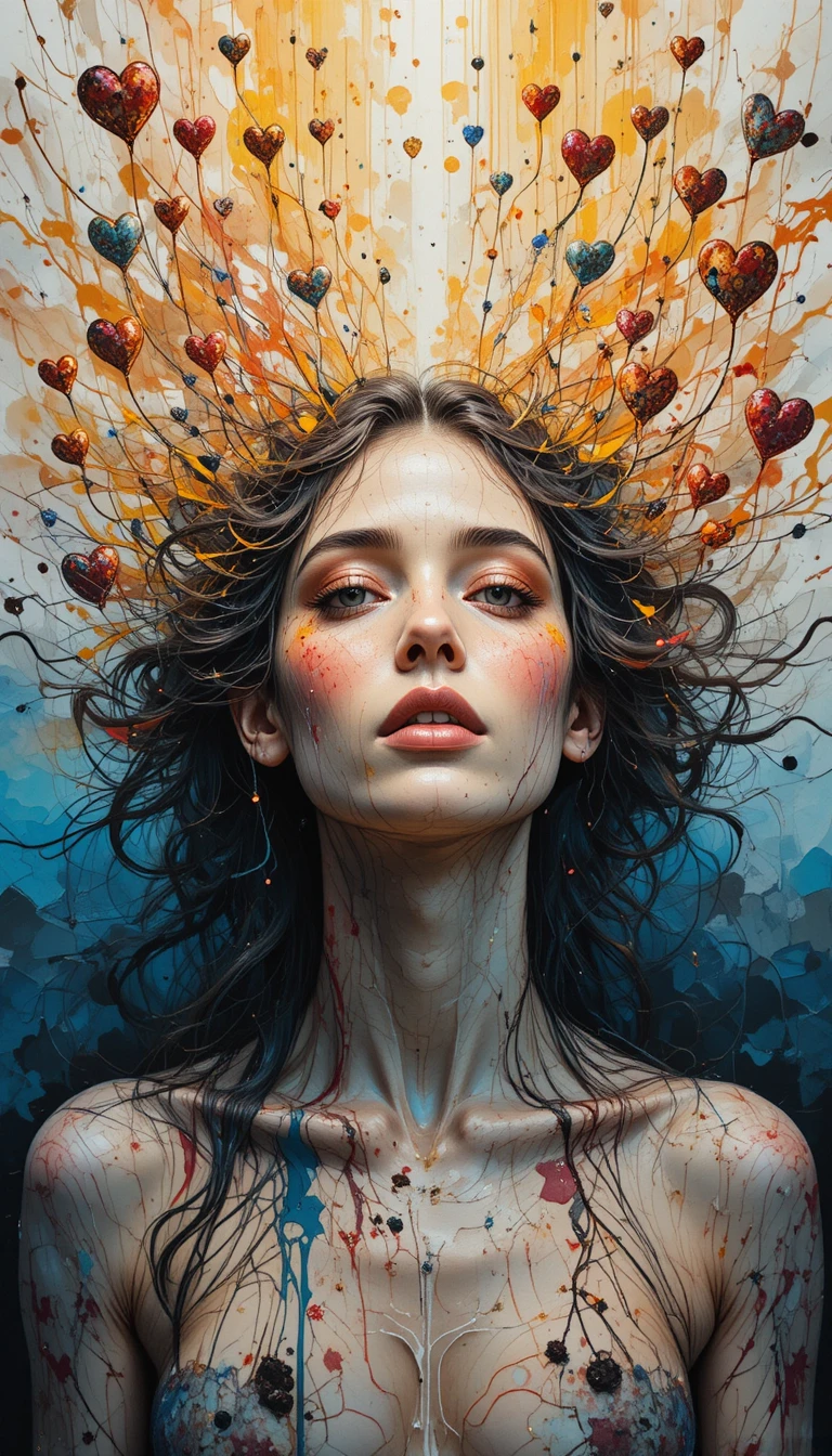 Jovem mulher irradiando cor e luz em pintura abstrata