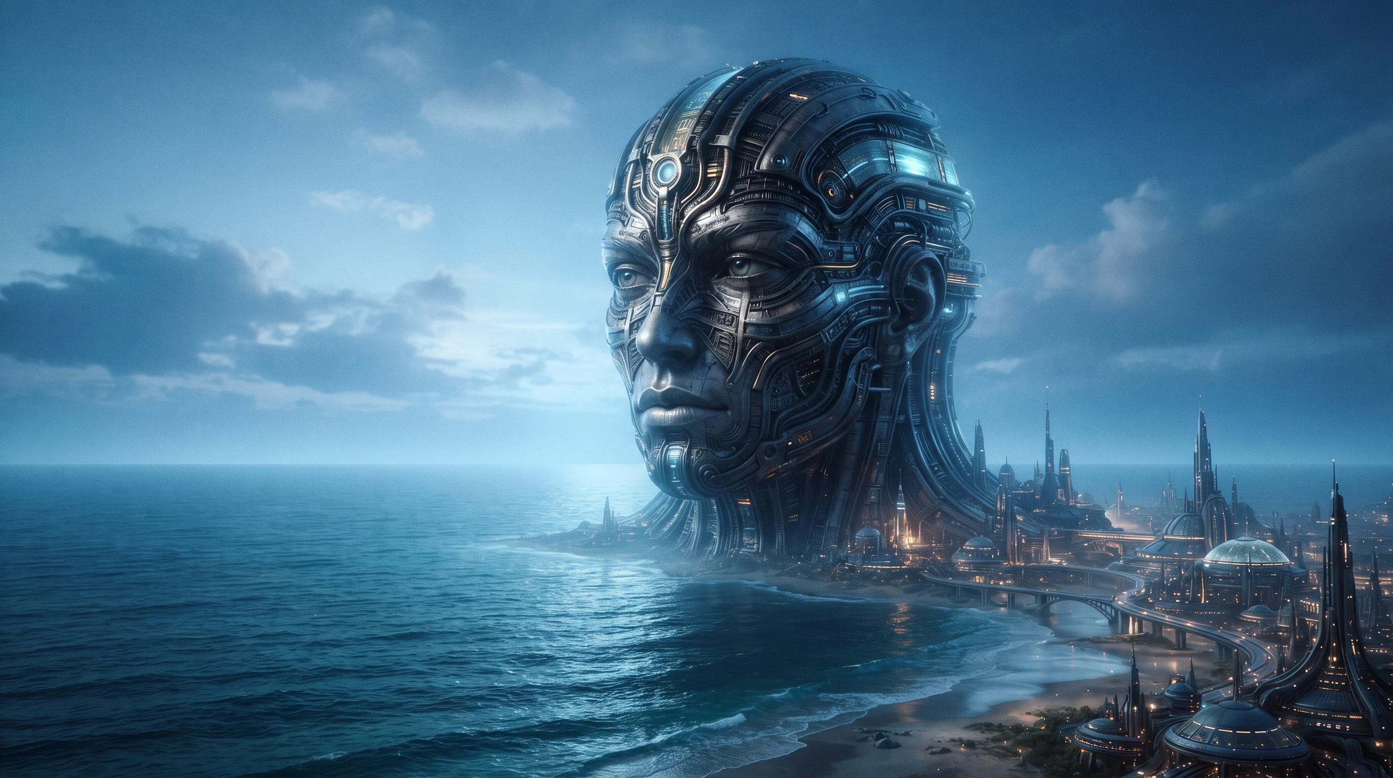 Surreal metallic face sculpture rising over futuristic desert shore