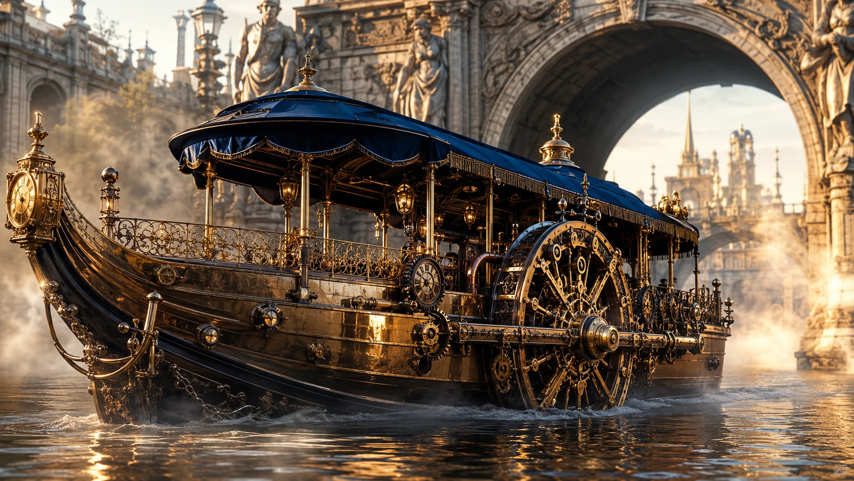 Luxueuse barge fluviale mécanique sous un colossal arc de pierre