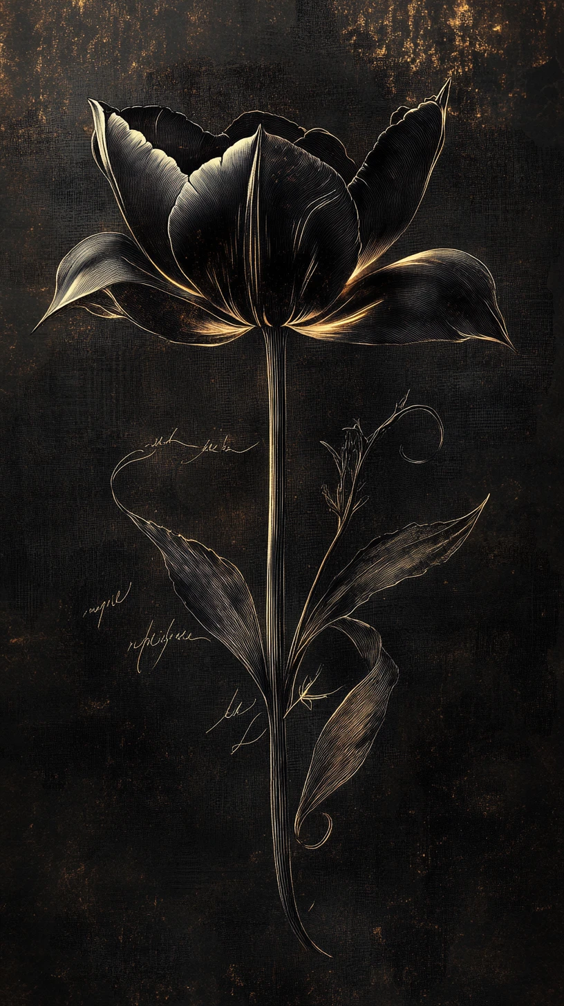 Schwarze Tulpe, die aus der Dunkelheit mit botanischen Gravuren auftaucht