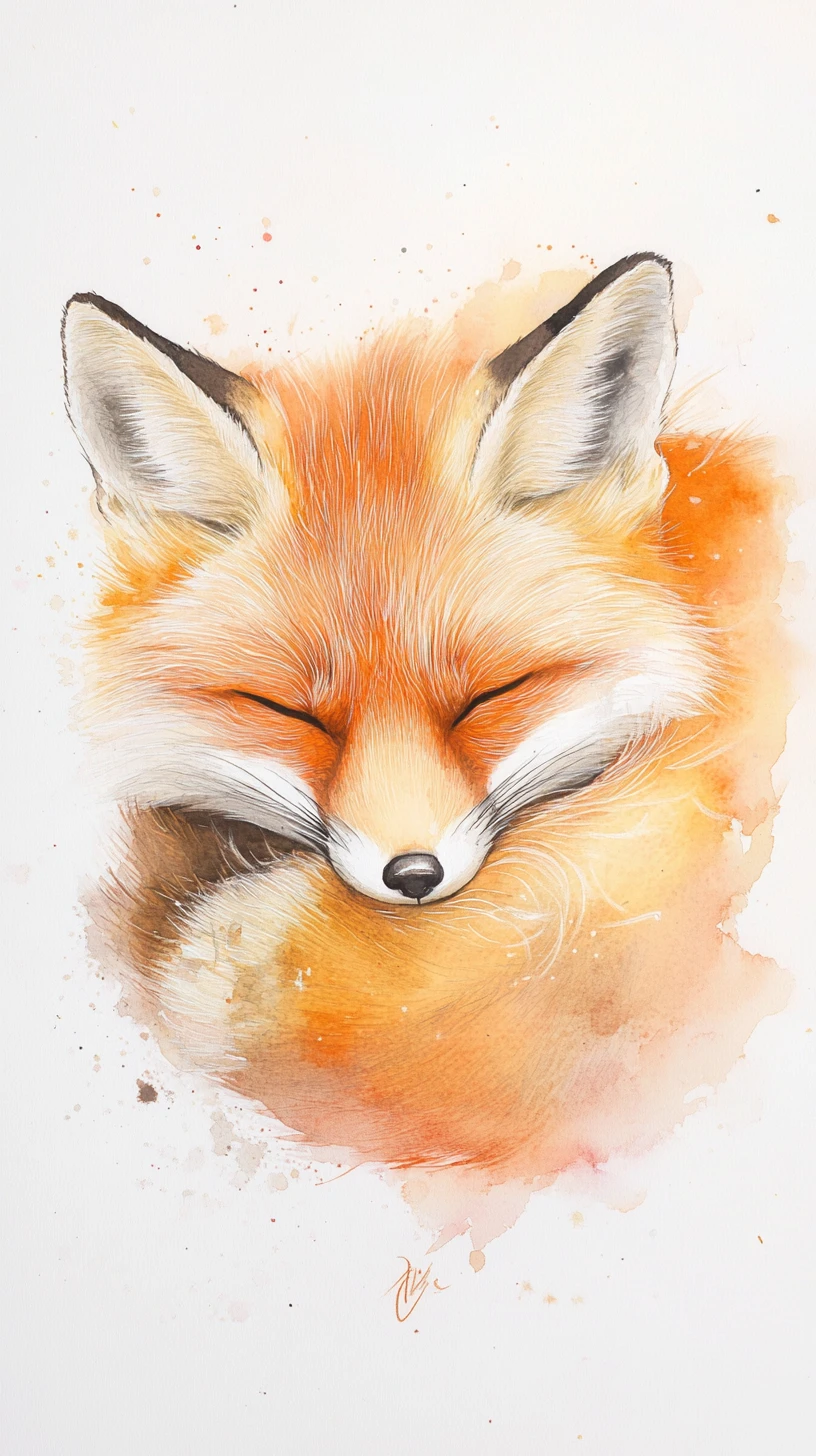 Schlafender Fuchs in warmer Aquarell- und Sumi-e-Pinseltechnik