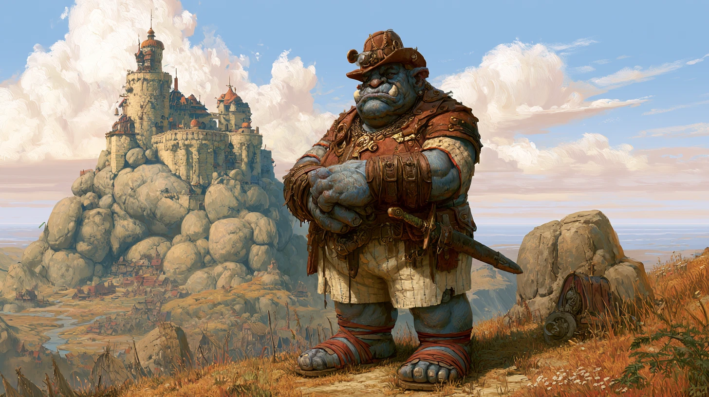 Roi troll royal devant un immense château de pierre fantastique