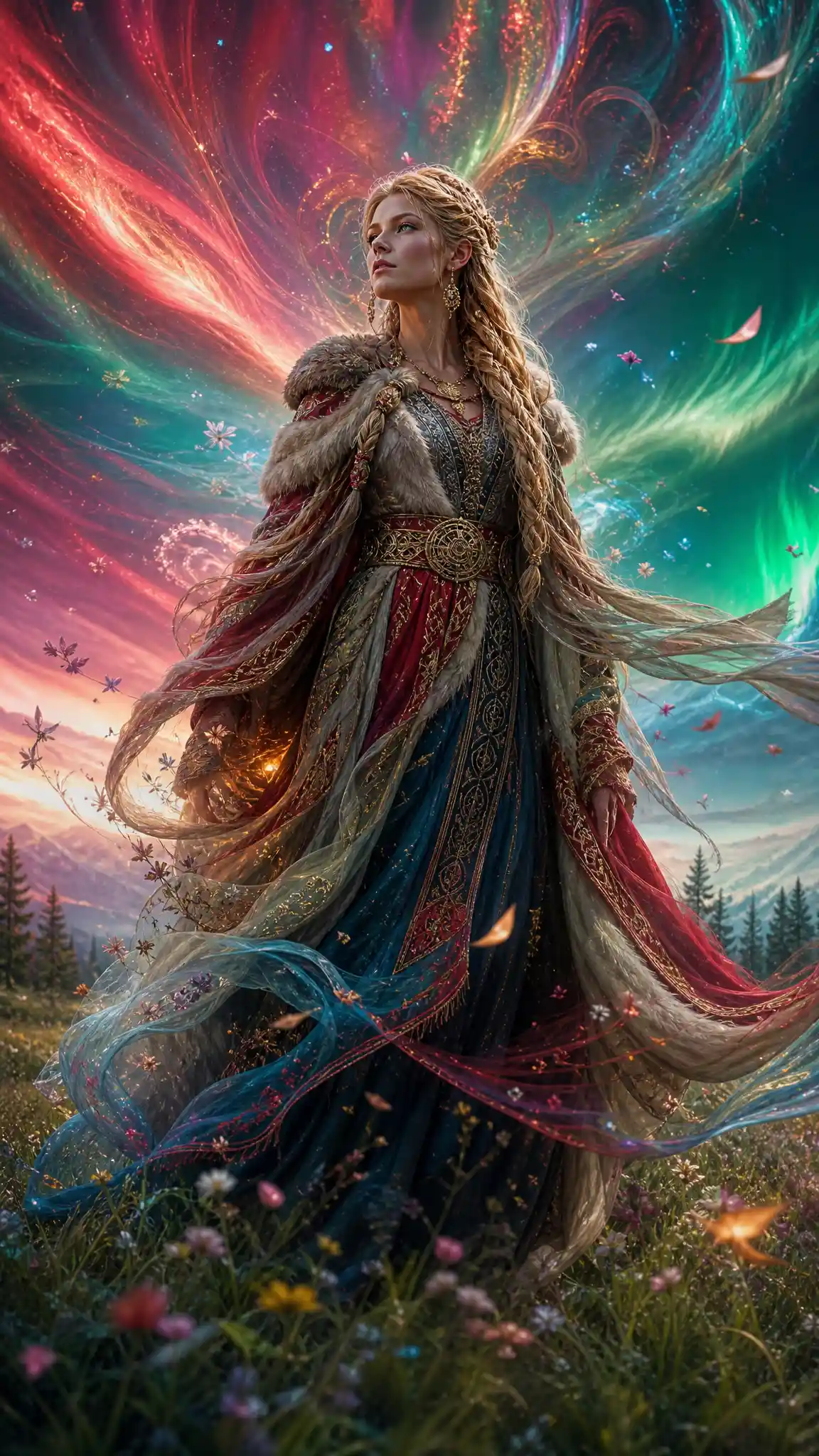 站在發光北歐草地上的維京女神
