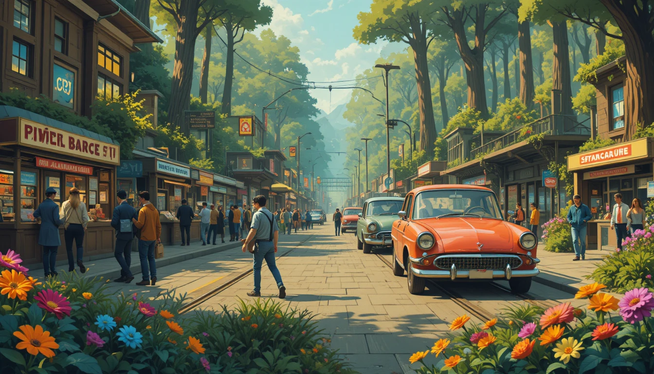 未來感火車站場景：旅客與美食攤位
