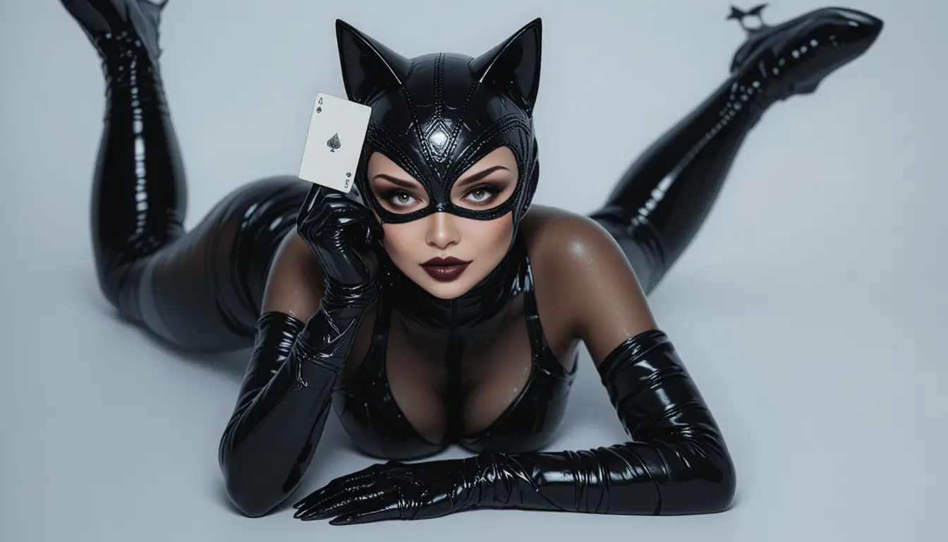 Catwoman inspired woman posing in sleek studio cosplay