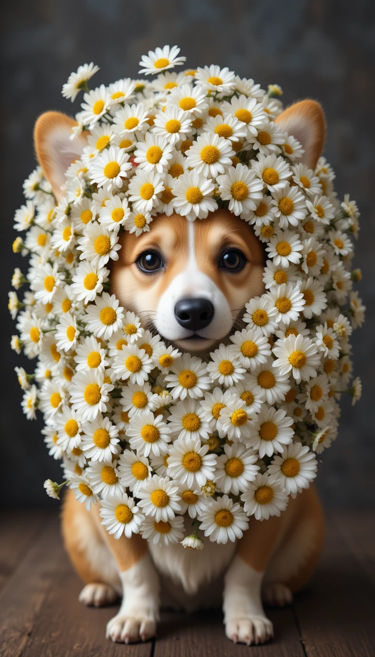 Corgi fofo escondido atrás de um enorme buquê de margaridas