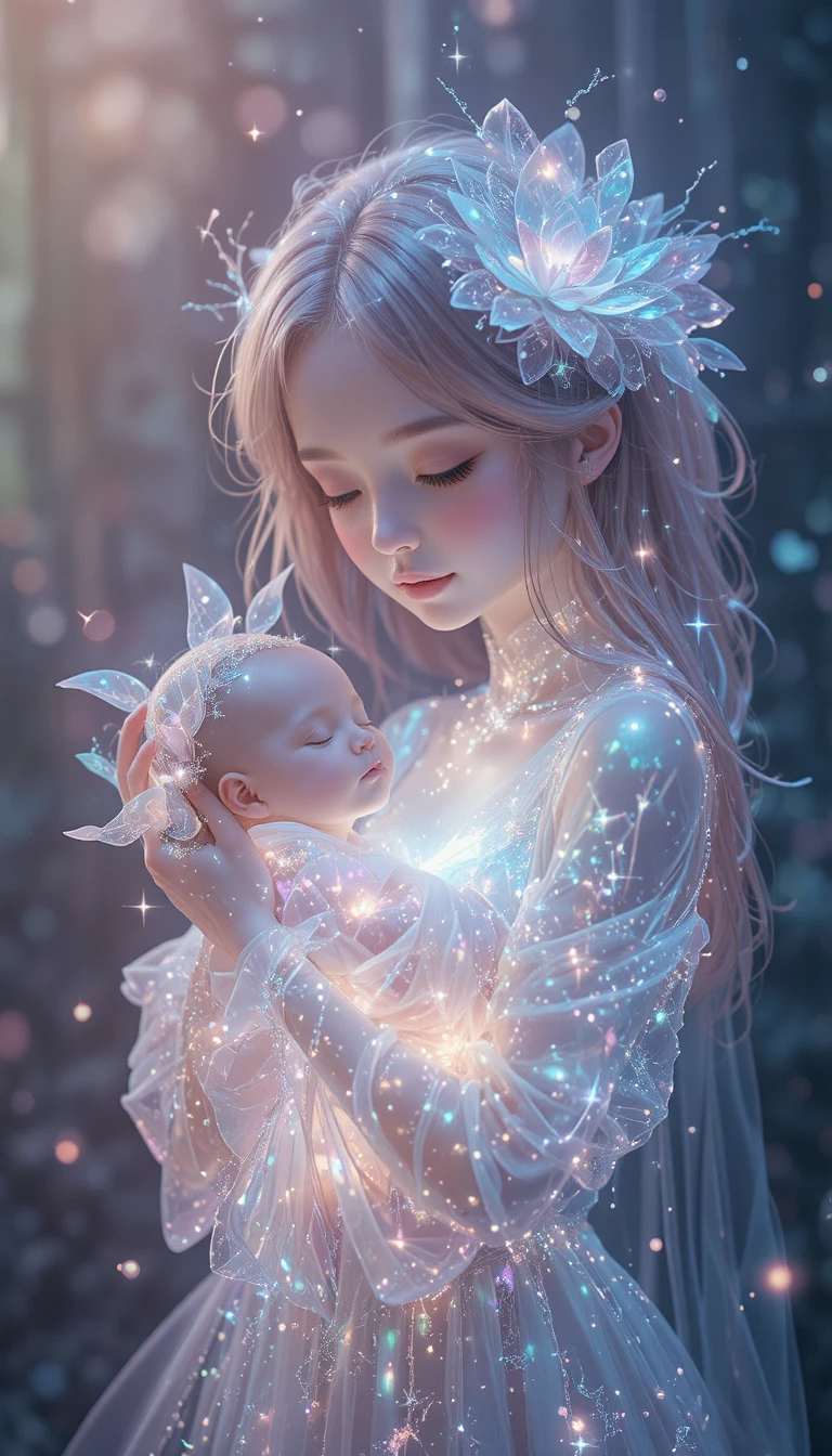 柔光粉彩中抱著嬰兒的空靈少女