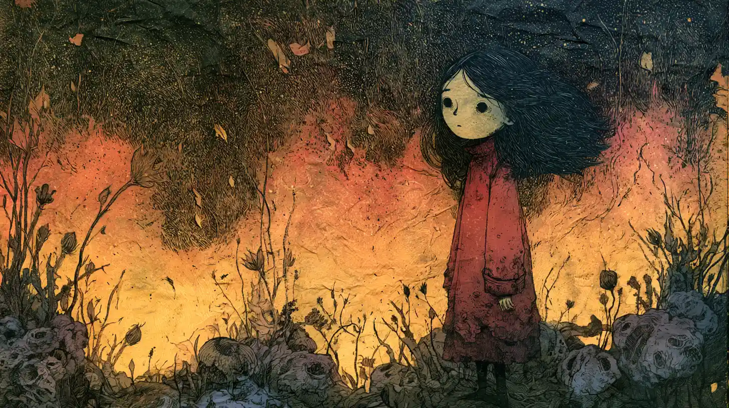 Illustration de Livre de Contes Surréaliste d’Incendies Déchaînés sur Papier