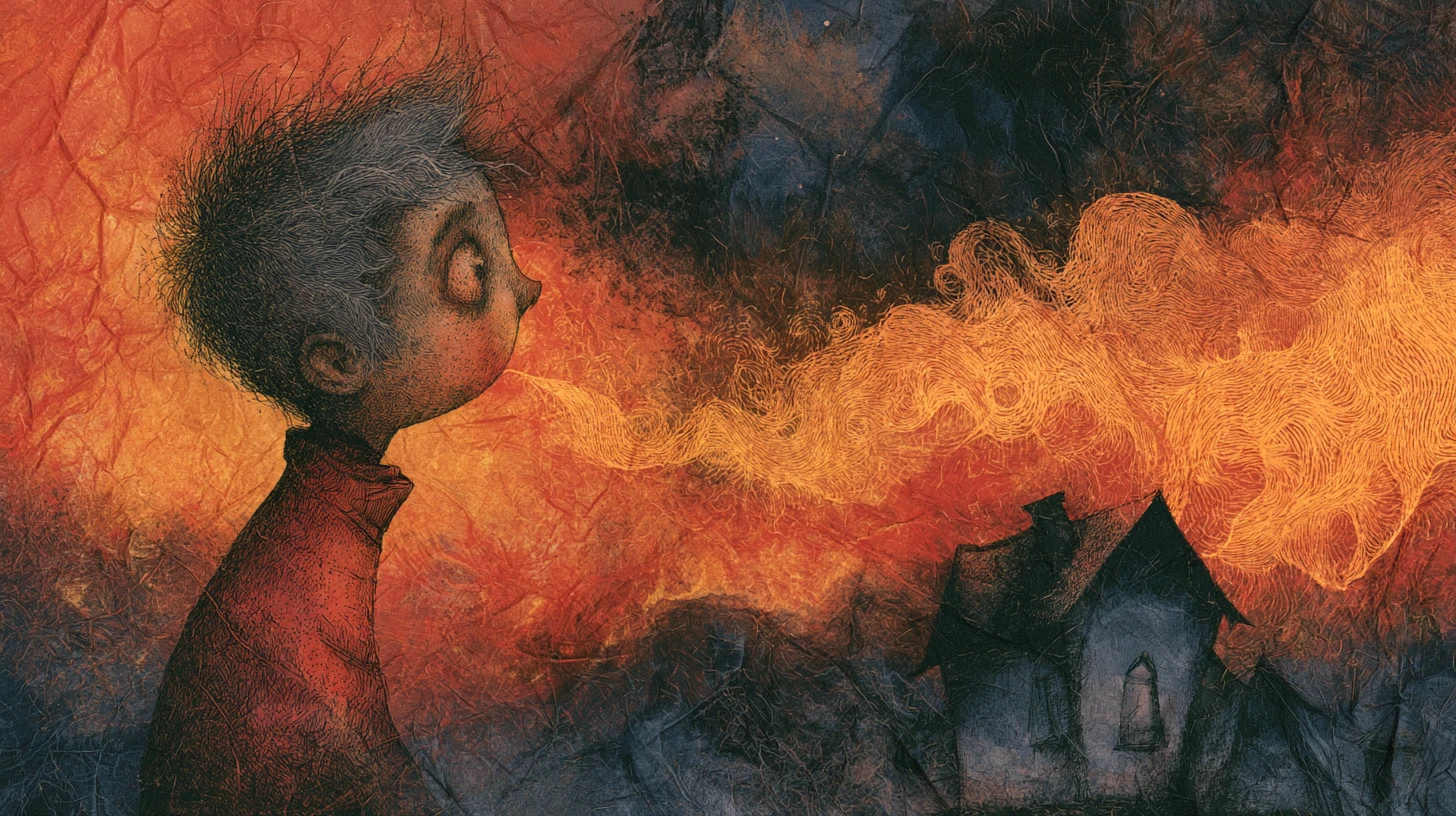 Surreal storybook wildfire raging through a dark forest