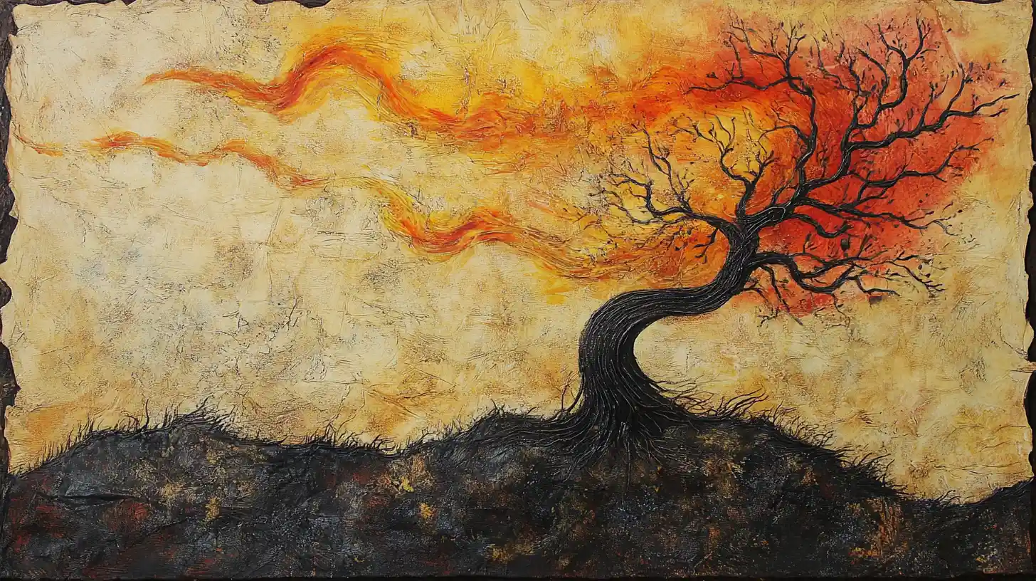 Illustration surréaliste de feu de forêt façon livre d’histoires sur papier vieilli texturé