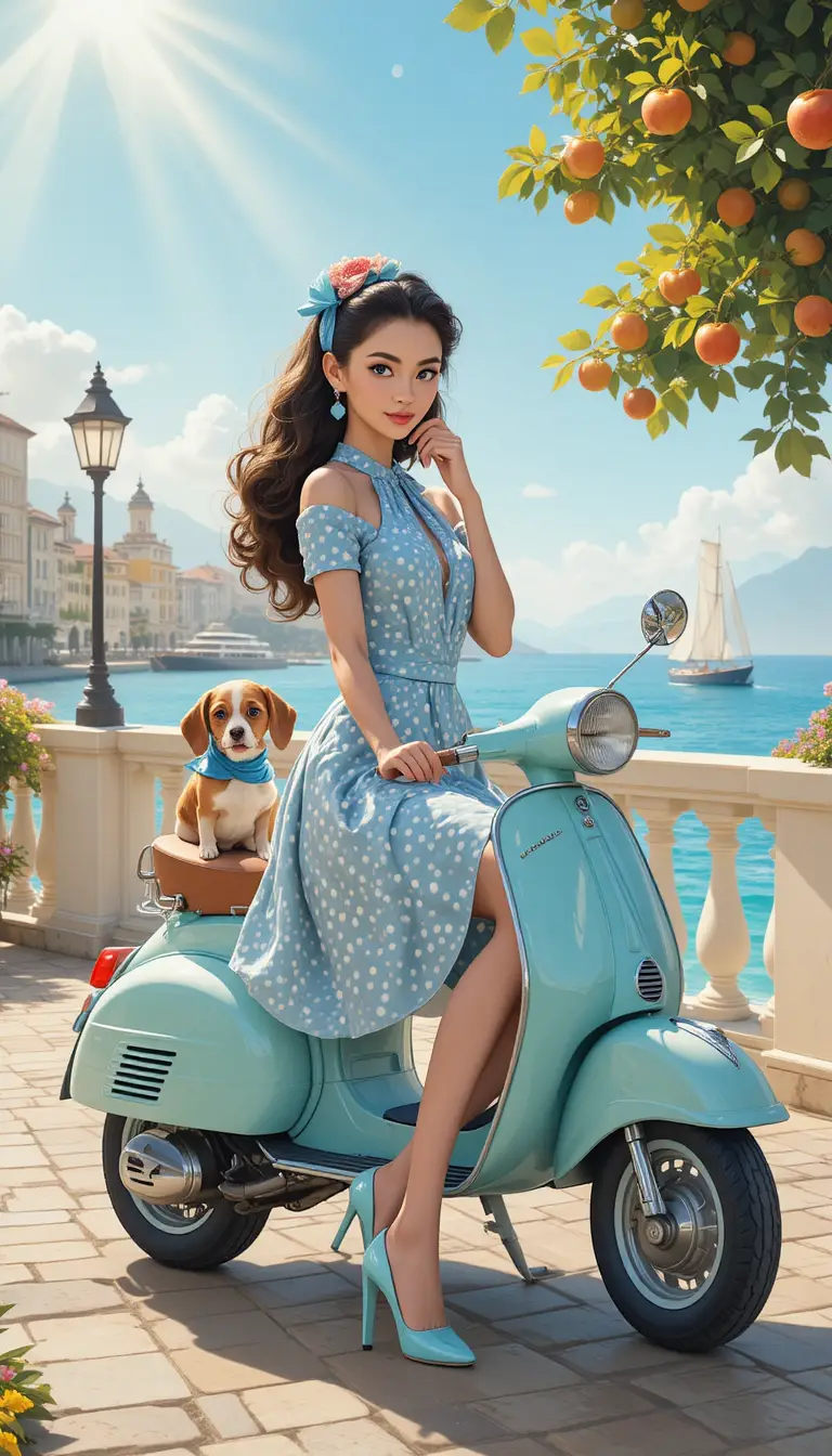 Elegante Frau auf einem Roller an der sonnigen Mittelmeerküste
