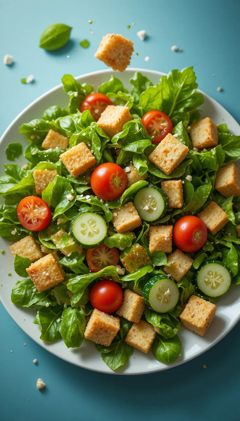 Fresh green salad ingredients falling into a plate