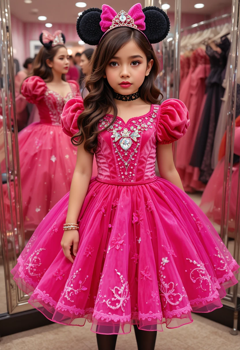 Menino vestido de princesa rosa posando em loja de vestidos