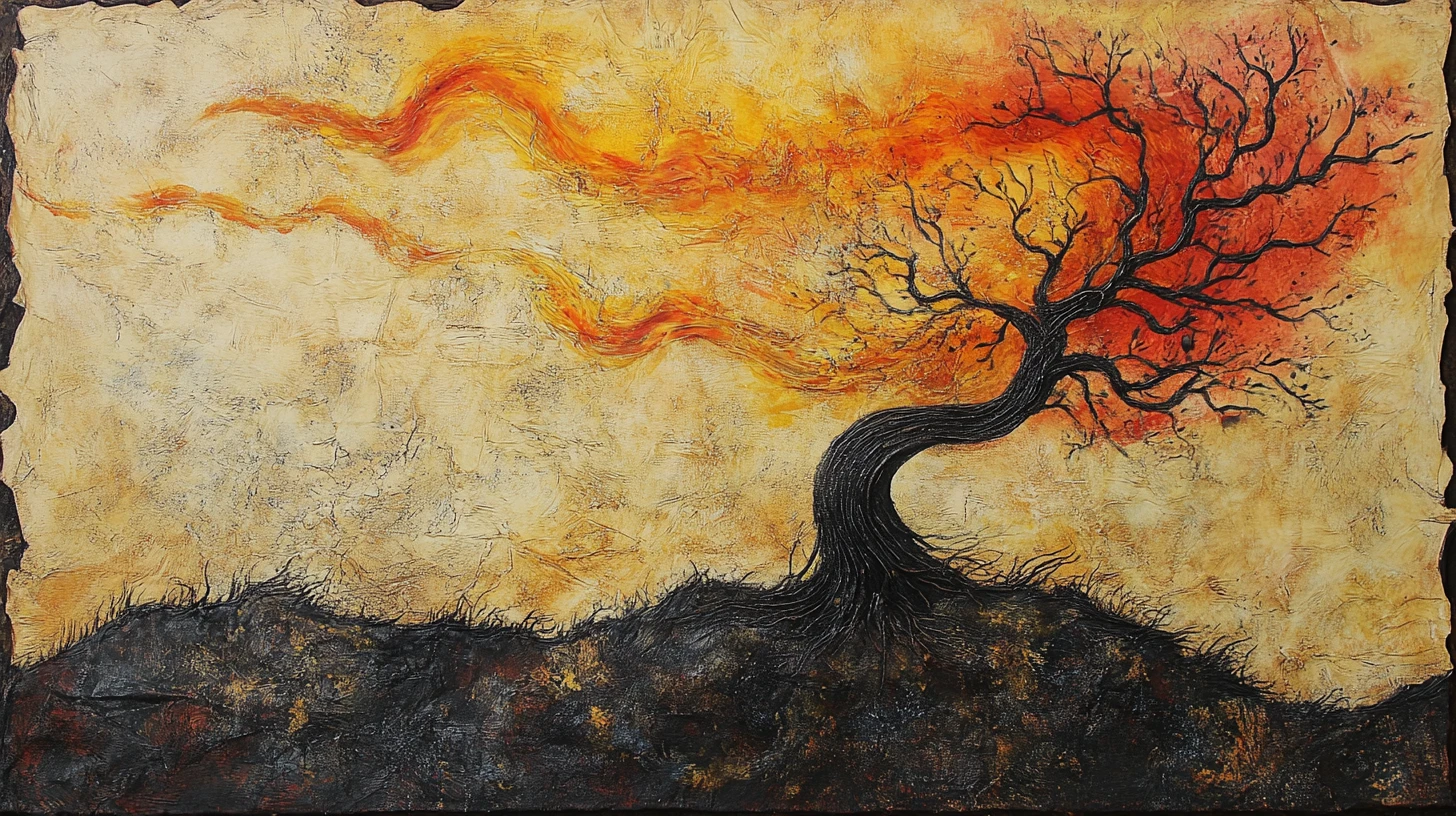 Surreal storybook wildfire illustration on aged textured paper