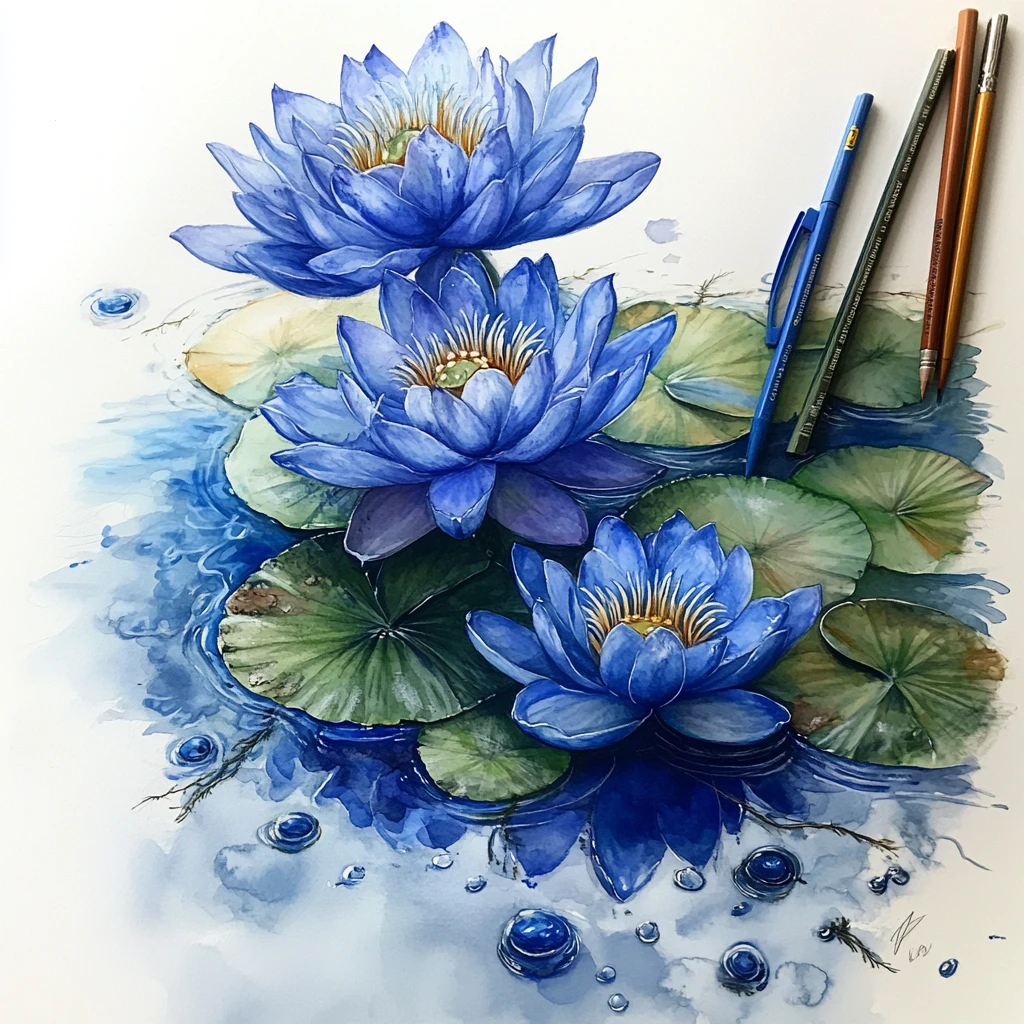 Artista desenhando lírios-d'água azuis e libélulas no papel