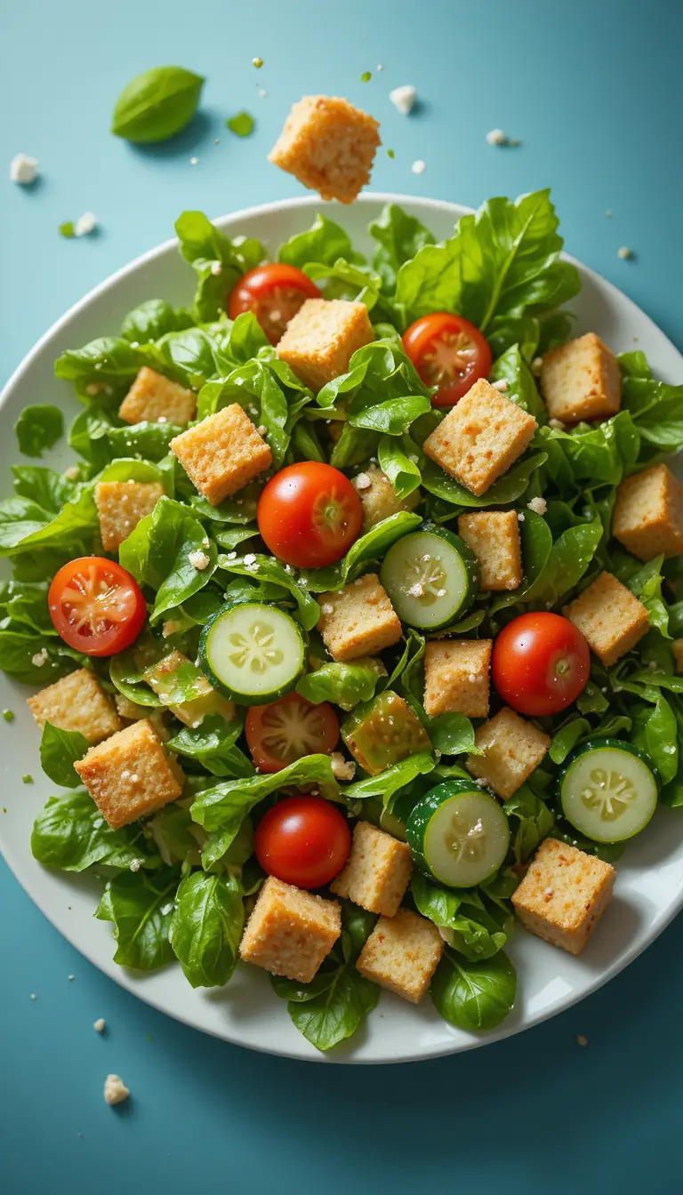 Ingrédients de salade verte fraîche tombant dans une assiette