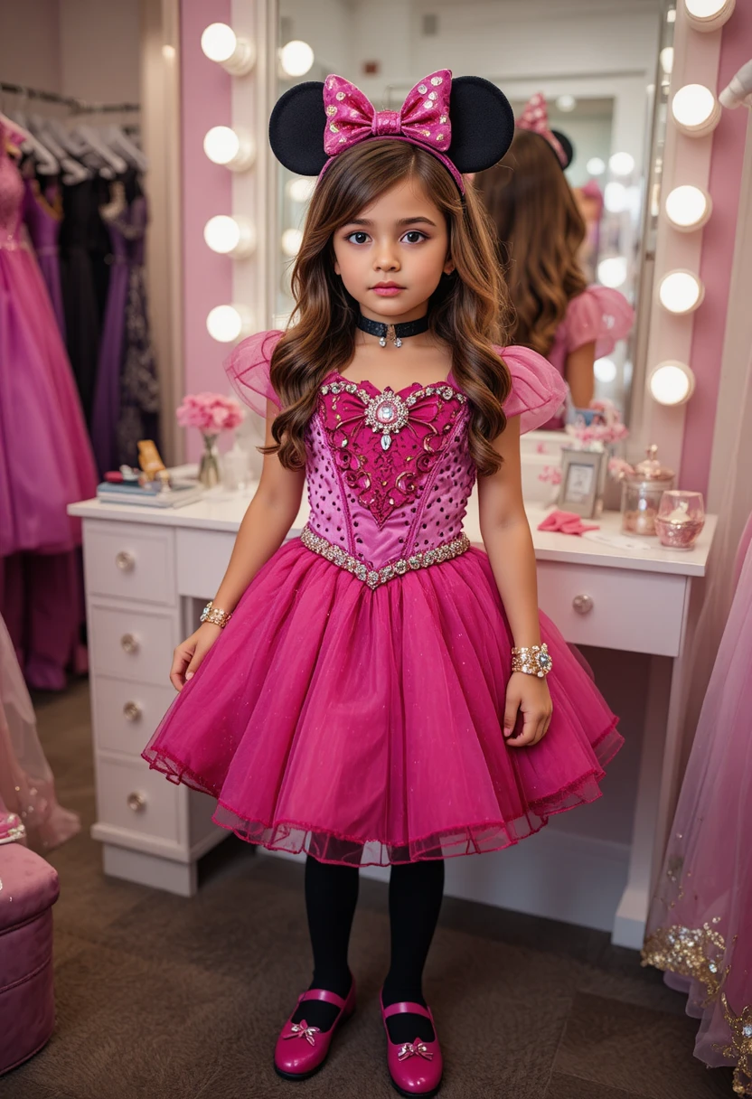 Menino hispânico com vestido rosa da Minnie posando em loja de vestidos