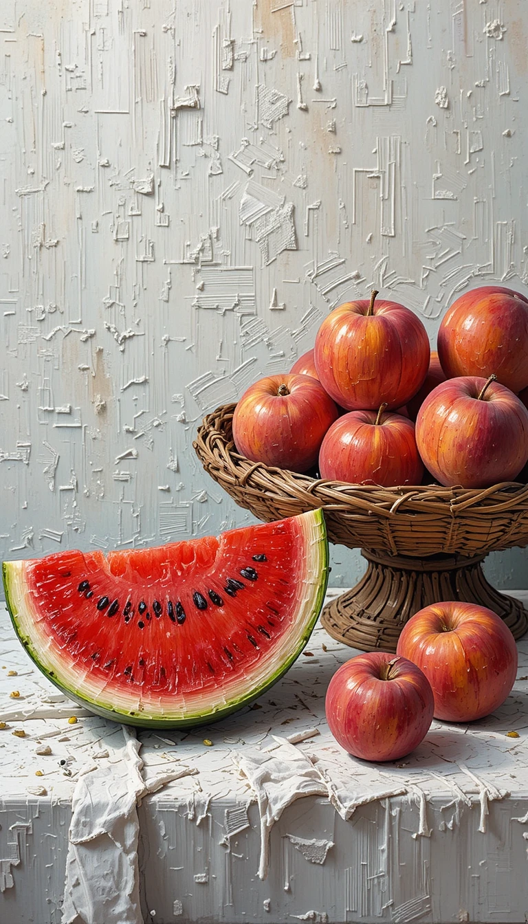 Watermelon slice and peaches in a bright summer still life
