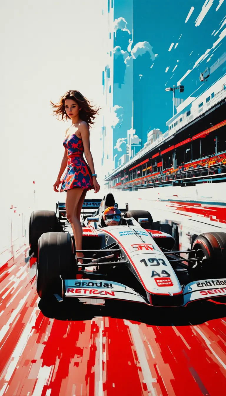 時尚女子站在疾速奔馳的F1賽車旁