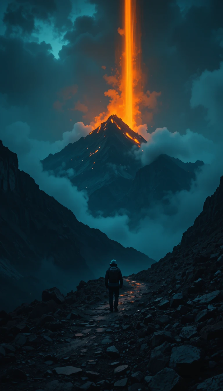 Lone traveler on a dark mountain road at night