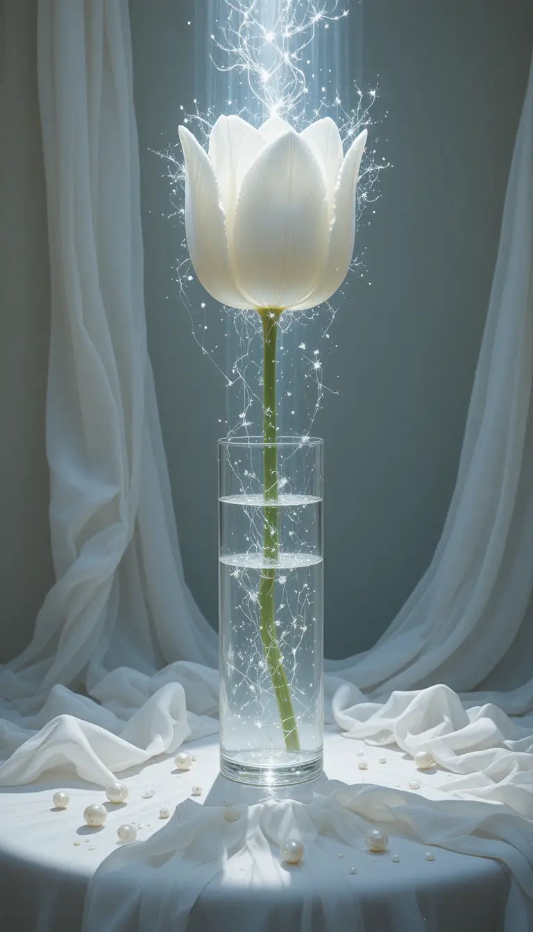 Glowing white tulip in a glass vase on silk draped table