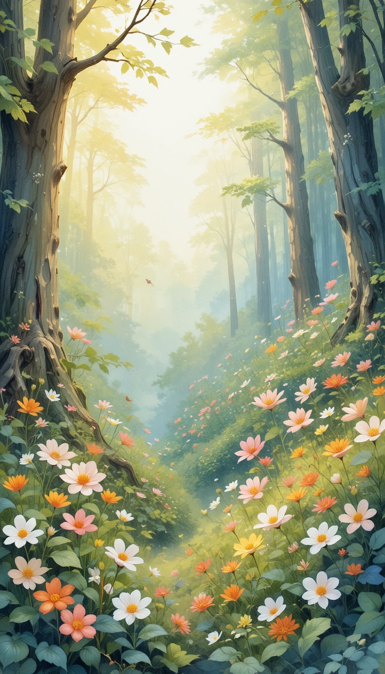 Ragazza fantasy allegra in una foresta assolata ad acquerello (vista laterale)