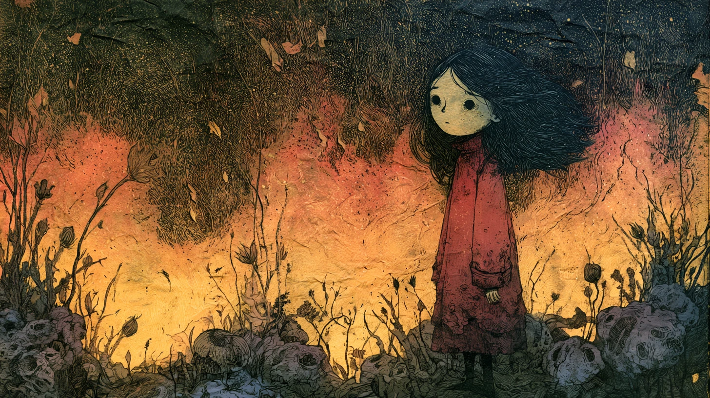 Surreal Storybook Illustration Of Raging Wildfires On Paper