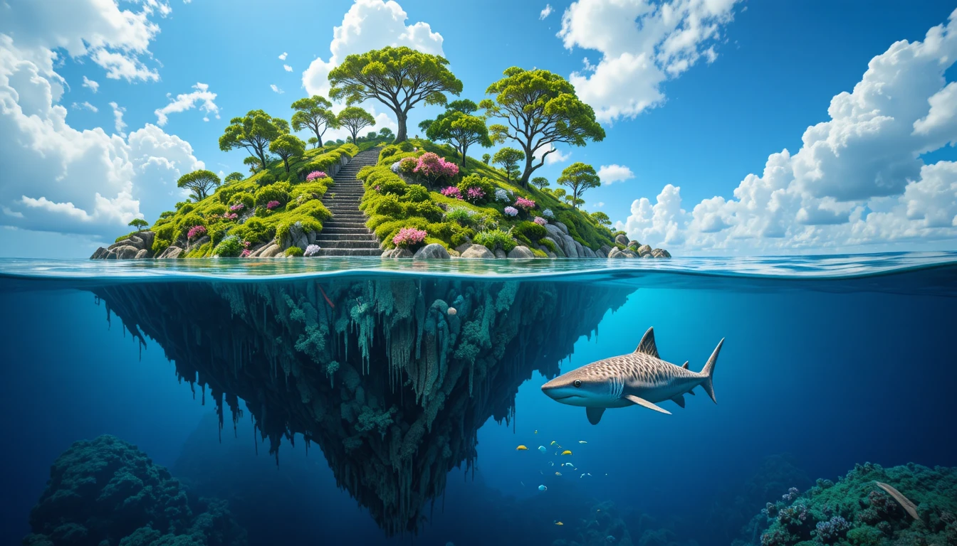 Tropical island split with vibrant underwater shark scene