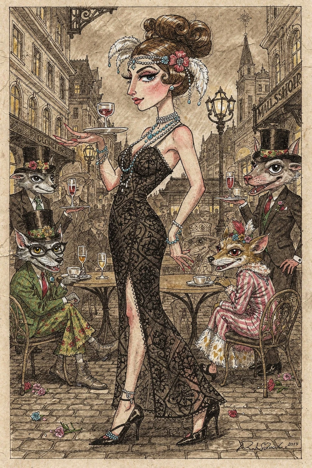 Mulher elegante dos anos 1920 em desenho a tinta na rua urbana