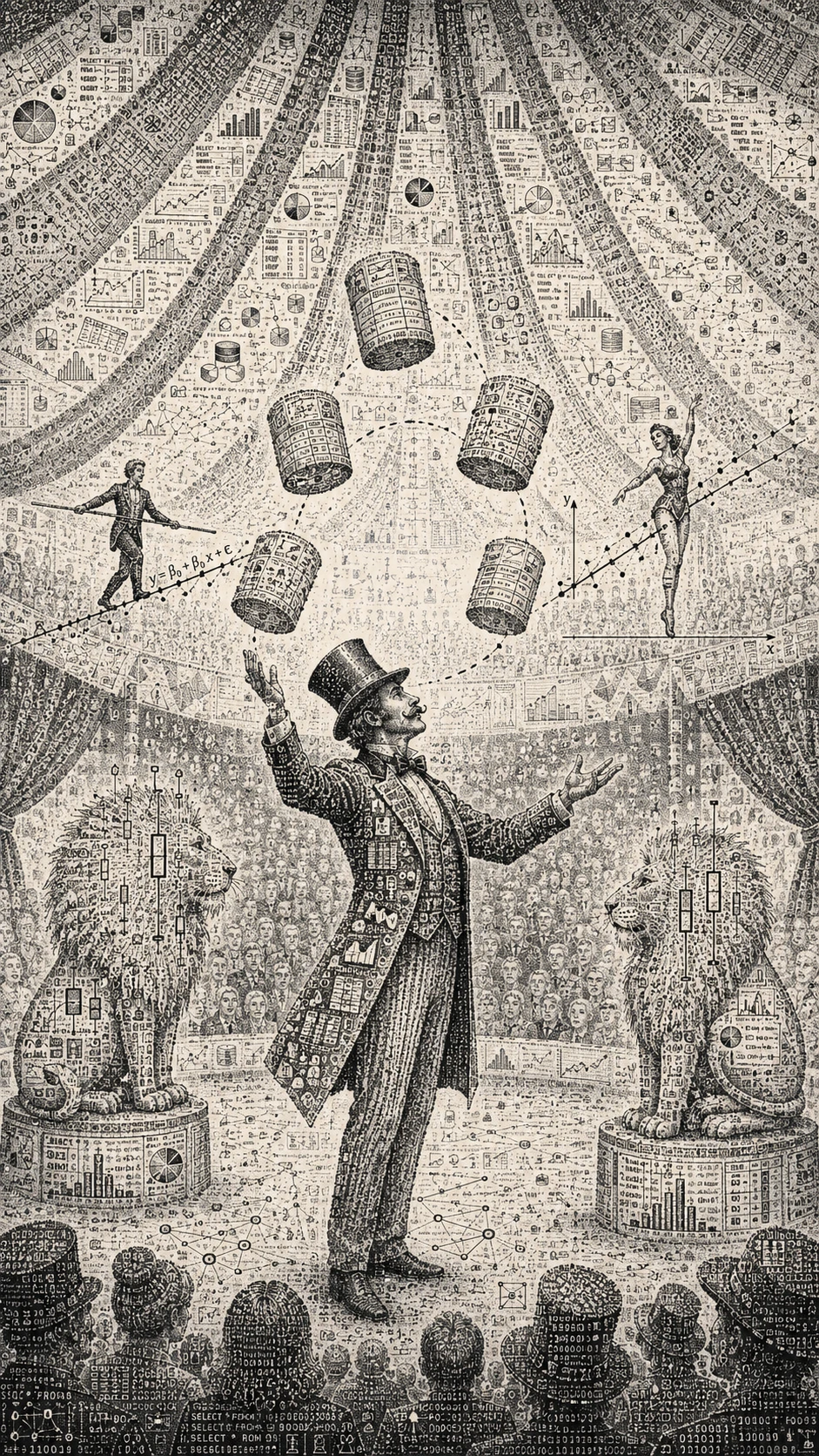 Ringmaster Juggling Vast Datasets In A Surreal Data Circus