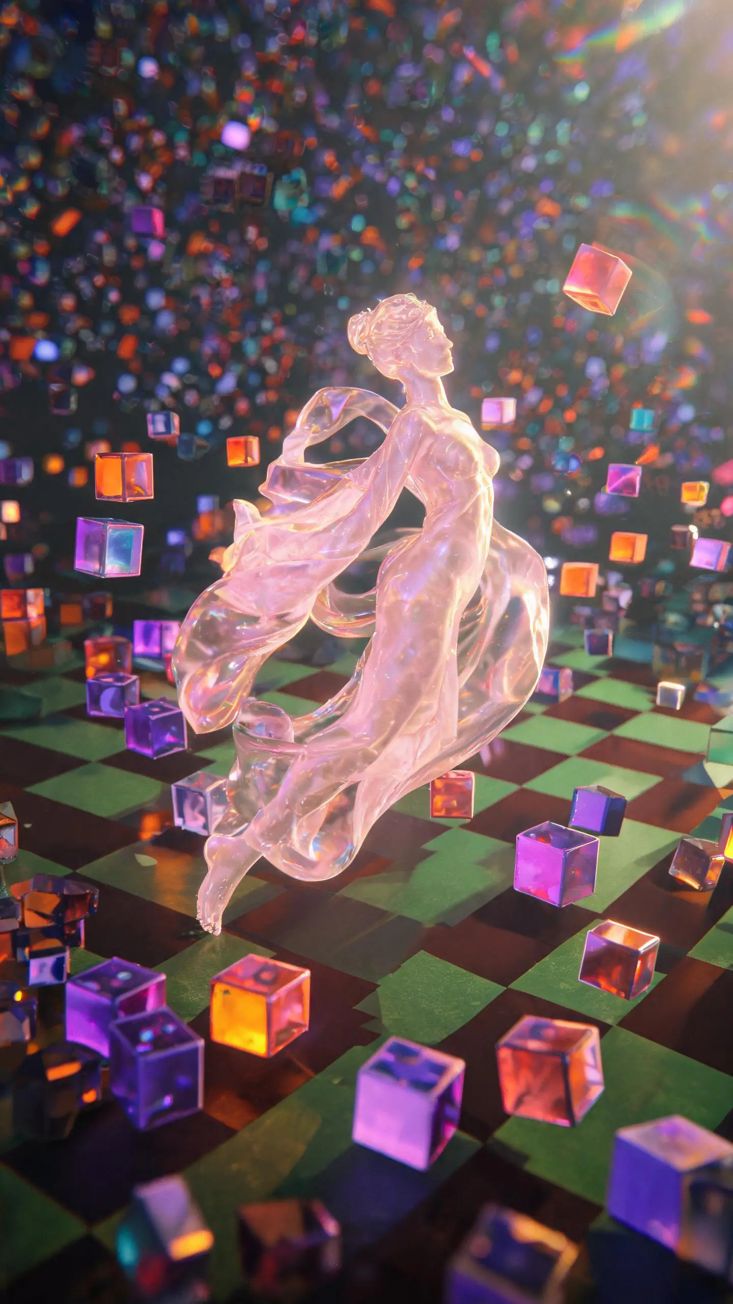 Surreal pink translucent sculpture amid glowing floating cubes