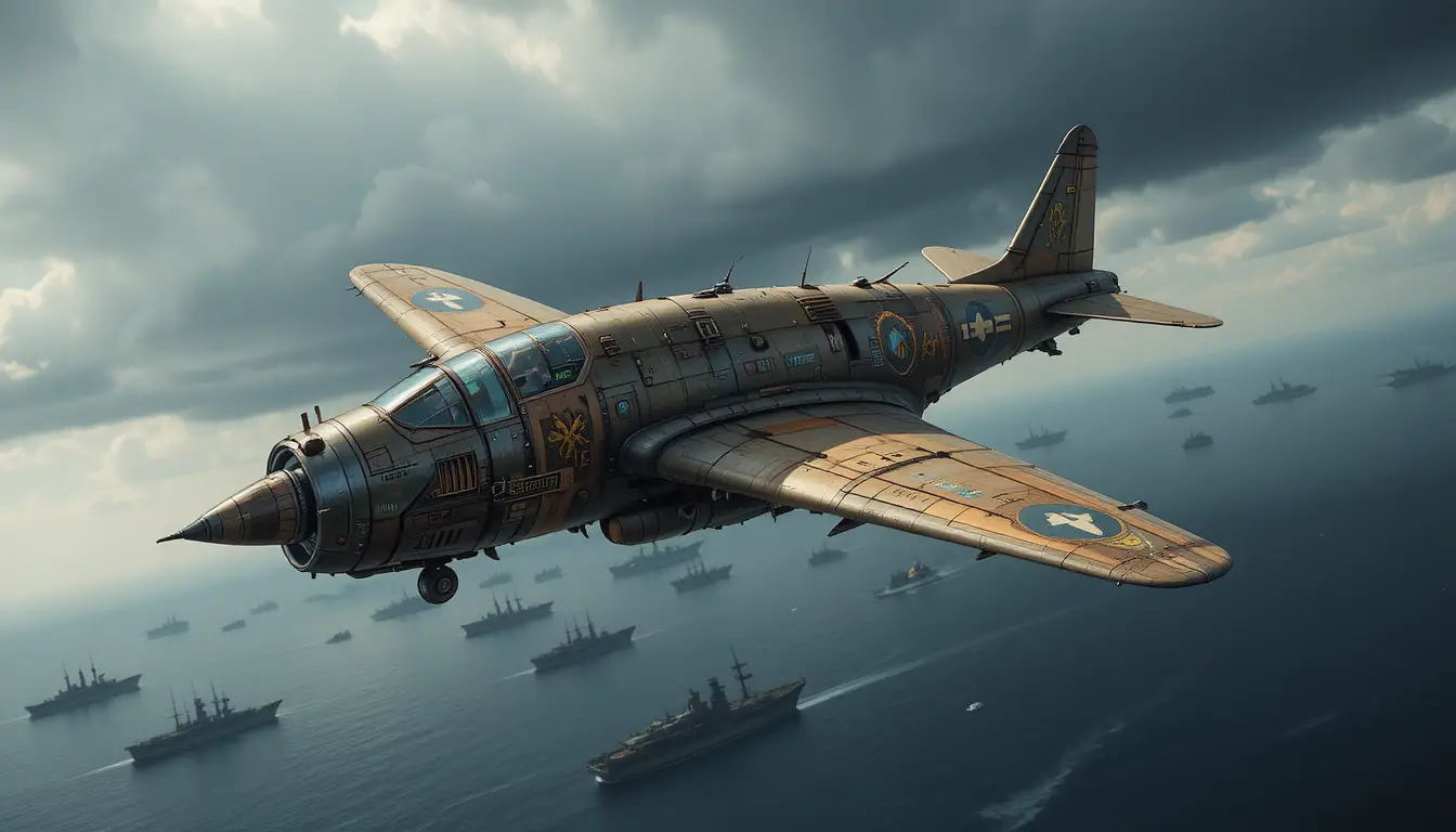 嵐の海上を舞うスチームパンク戦闘機