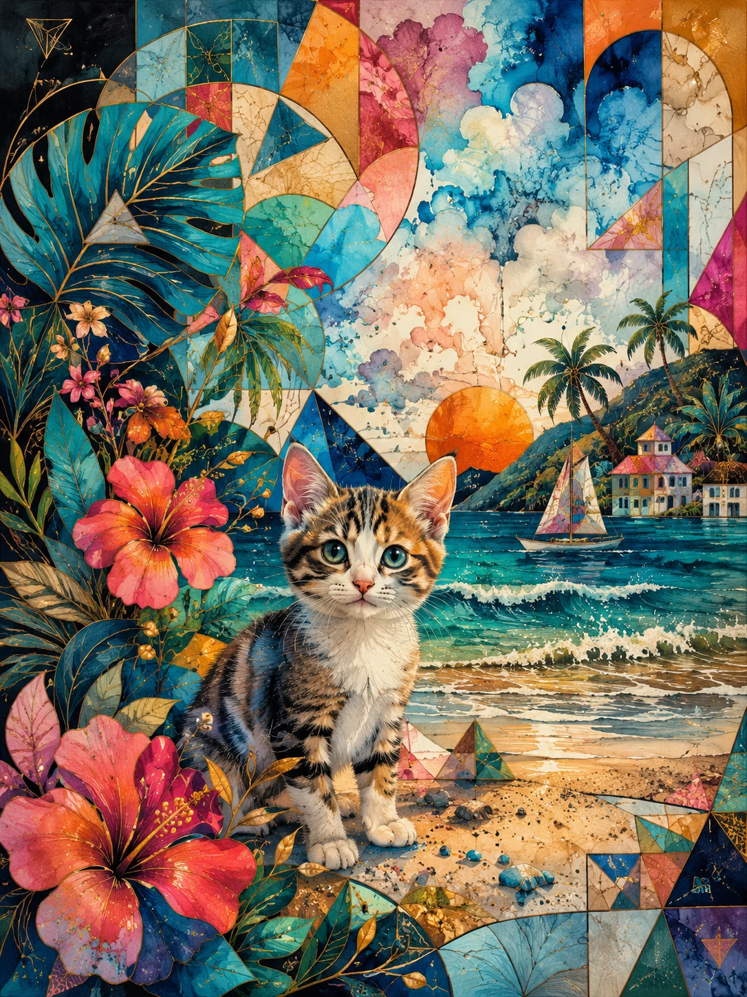 Adorable chaton sur une plage tropicale entourée de plantes luxuriantes