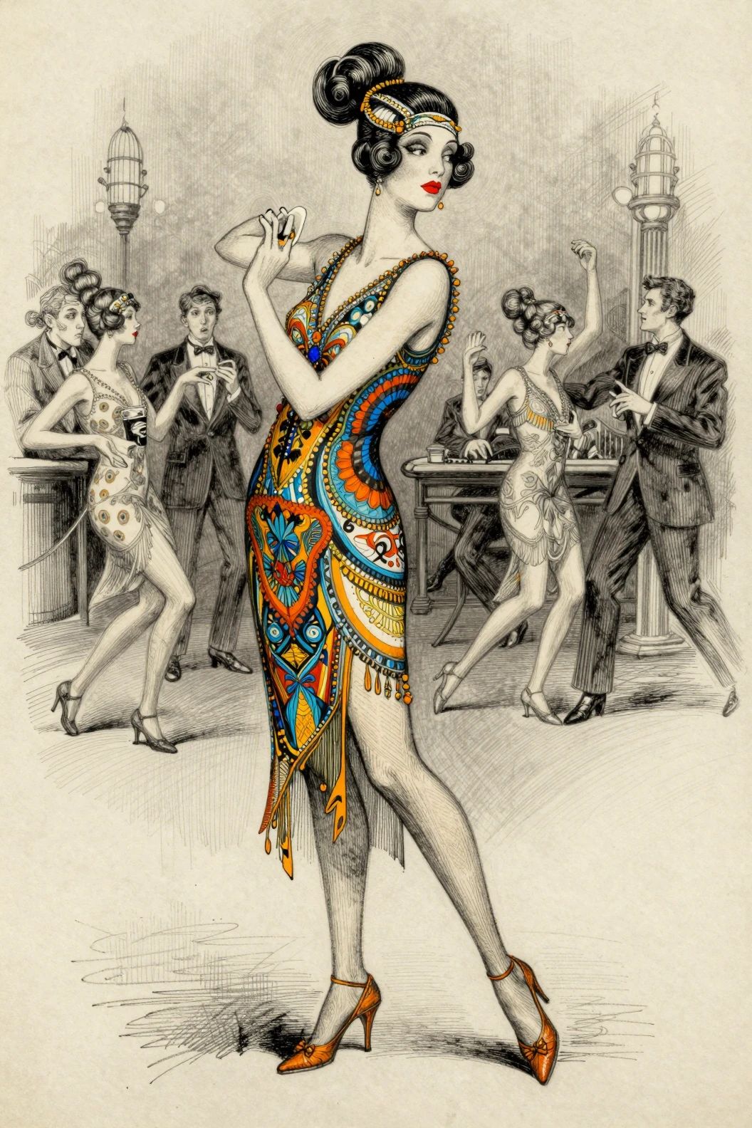 Mulher elegante dos anos 1920 em cena vibrante de vida noturna