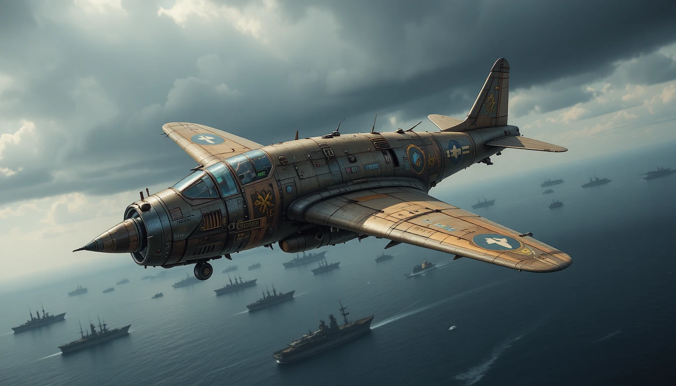 Caccia a reazione steampunk che sfreccia sopra un oceano in tempesta