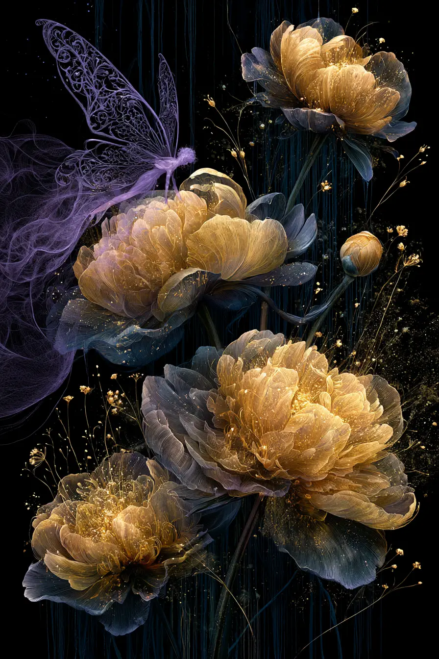 黑暗虛空中的金色花朵與纖細仙子