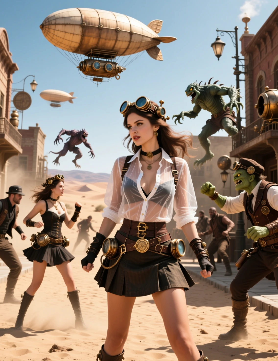 Rua de cidade desértica steampunk com pessoas e monstros