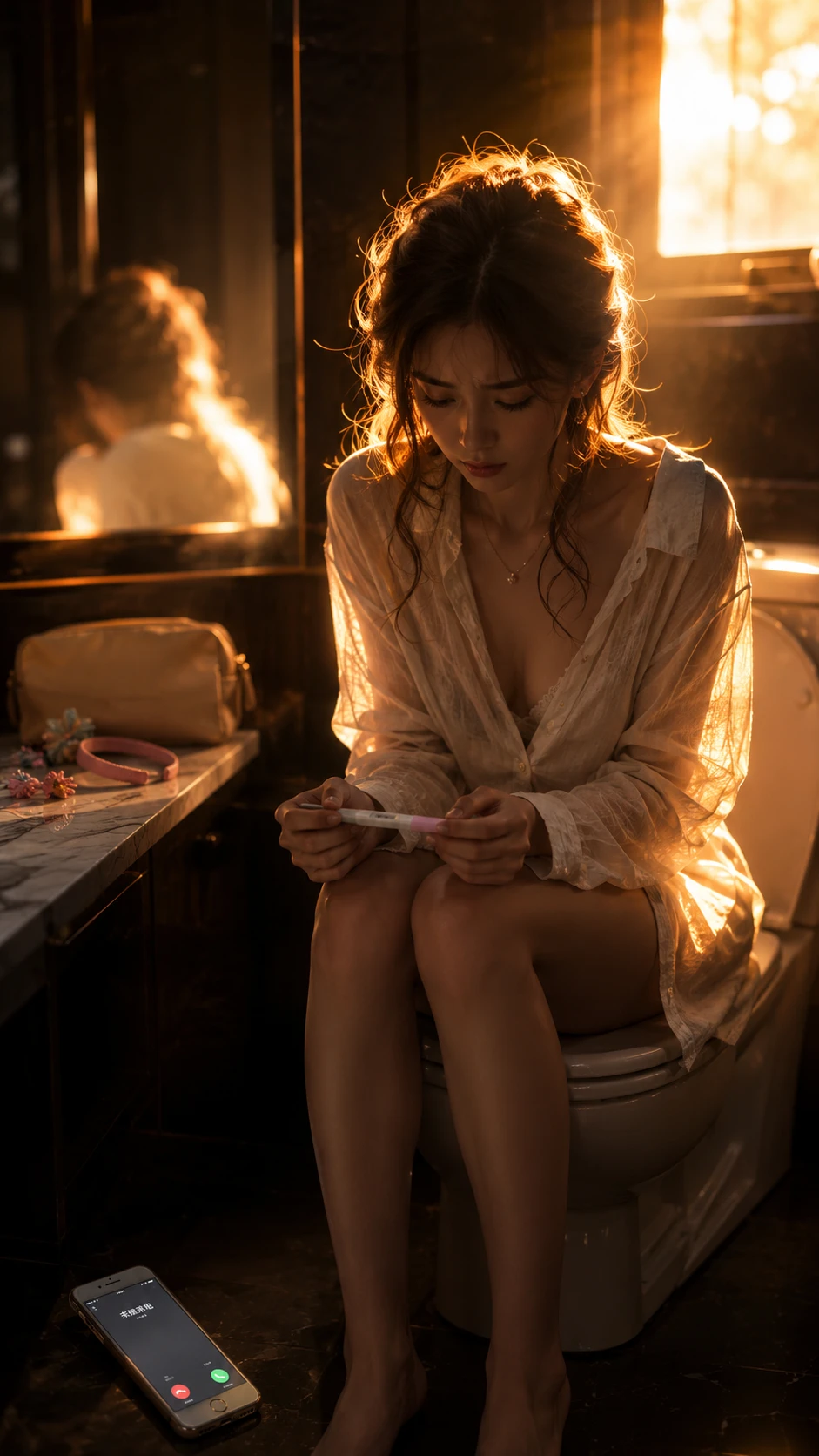 Young woman on toilet in golden hour bathroom backlight