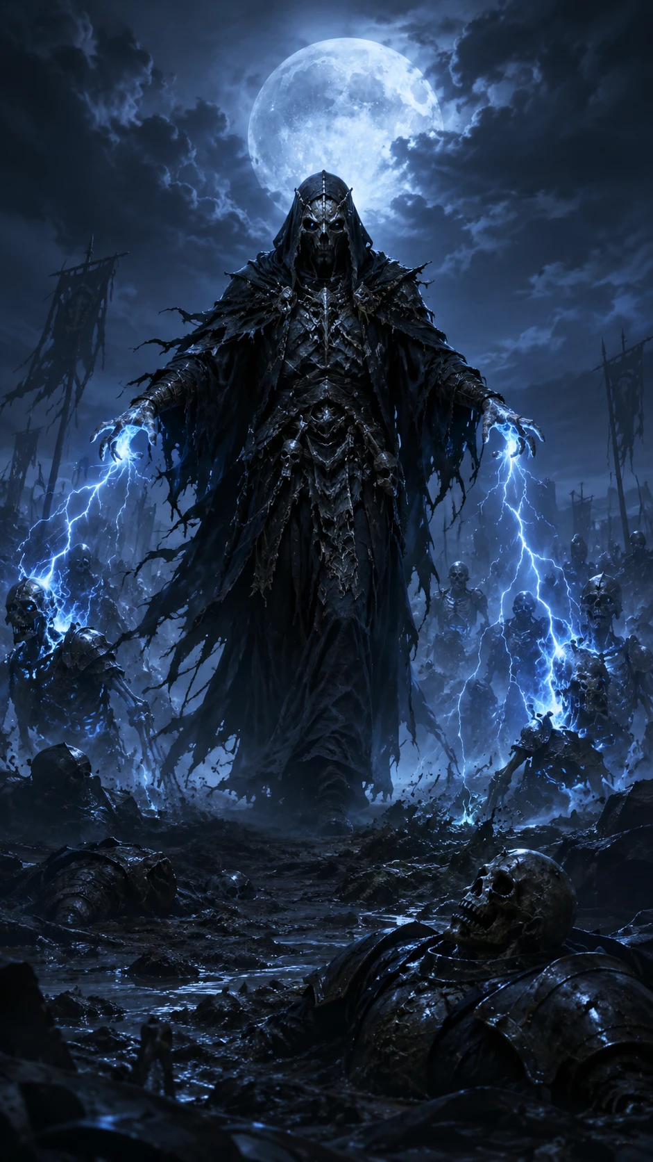 Necromancer raising fallen warriors under a silver full moon