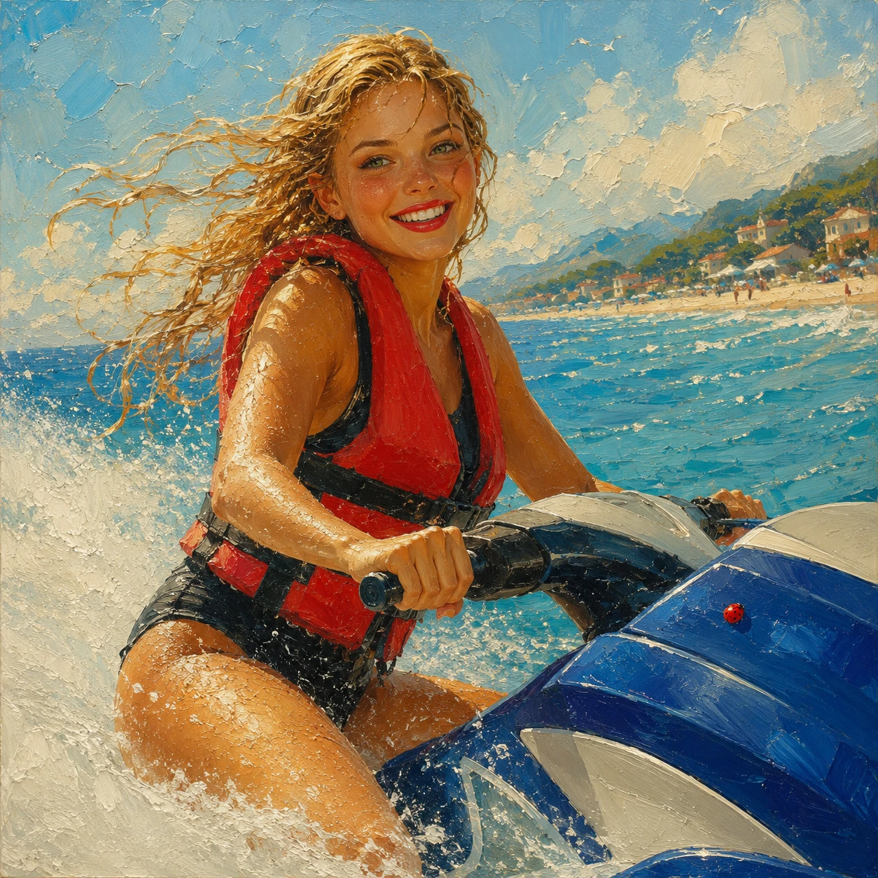 Mulher pilotando jet ski no mar de verão ensolarado perto da praia