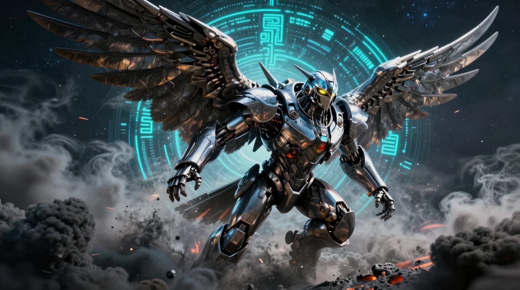 Futuristic bird mecha bursting through volcanic ash clouds