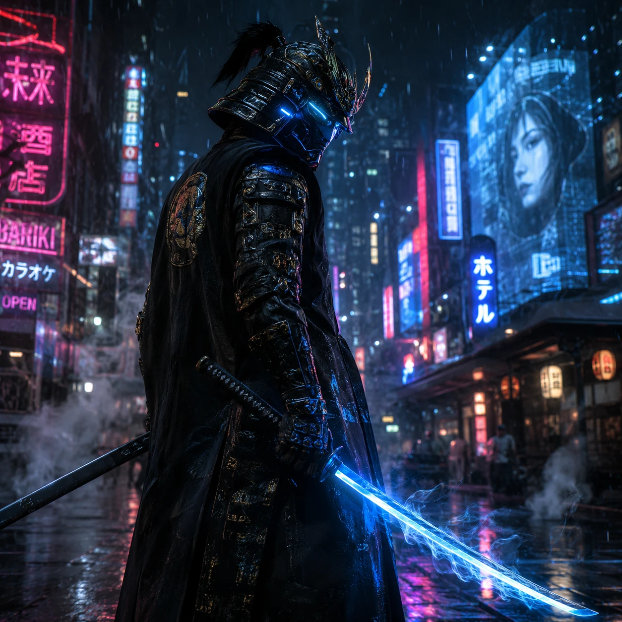 Samurai cyberpunk em um beco de néon em uma noite chuvosa