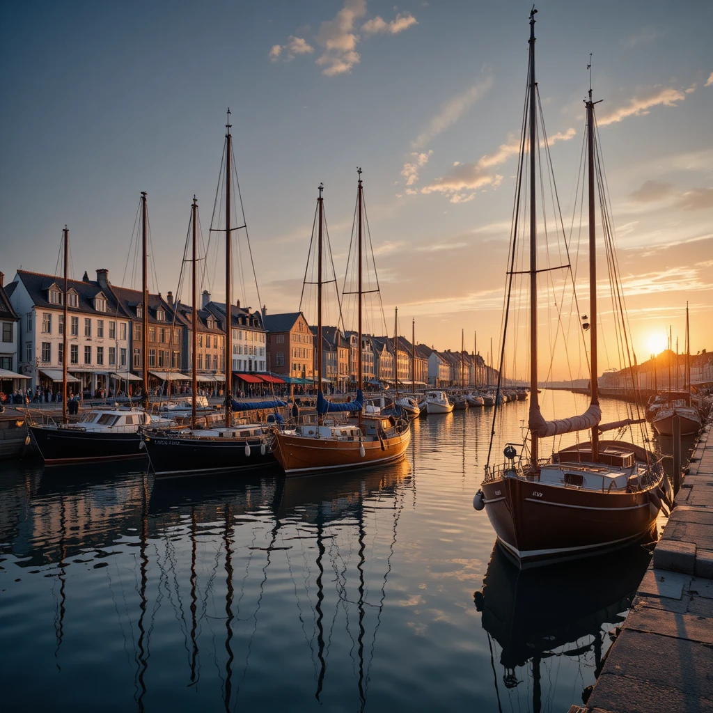 Tranquil harbor with traditional sailboats at warm sunset